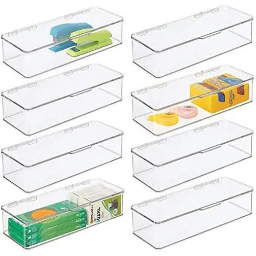 mDesign Wide Plastic Stackable Home, Office Supplies Storage Organizer Boxes with Attached Hinged Lid - Holder Bin for Note Pads, Gel Pens, Staples, Dry Erase Markers, Tape - 3" High, 8 Pack - Clear mDesign Wide Plastic Stackable Home, Office Supplies Storage Organizer Boxes with Attached Hinged Lid - Holder Bin for Note Pads, Gel Pens, Staples, Dry Erase Markers, Tape - 3" High, 8 Pack - Clear