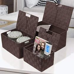 Sorbus Storage Boxes Woven Basket Bin Container Tote Cube Organizer Set Stackable Storage Basket Woven Strap Shelf Organizer Built-in Carry Handles (Lid Bins - 3 Pack, Chocolate)