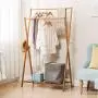 Sdoveb Garment Rack Foldable Wooden Double Pole Clothes Rack with 2 Side Hooks - Coat Hanger Wardrobe Shoe Rack for Home Bedroom Hanging Rack (Natural)