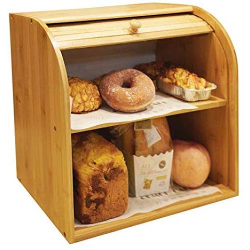 Goodpick Bamboo Bread Boxes - 2 Layer Large Capacity Bread Boxes - Countertop Bread Storage Bin - Rolltop Breadbox for Kitchen Counter Large Capacity Bread Keeper,15“ x 14.2" x 9.8", Fully Assembled