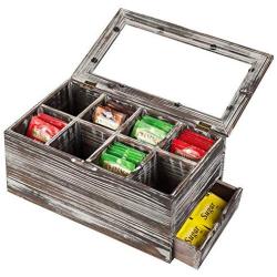 MyGift 8-Slot Torched Wood Tea Bag Storage Boxes with Clear Lid & Pull-Out Drawer