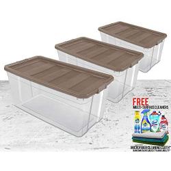 3-Pack 200 Quart /189 Liter Taupe Splash Stacker Boxes Bundled with Free Microfiber Cleaning Cloth and Multi Surface Cleaner