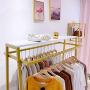 Modern Double Row Clothing Rack Metal Hanging Garment Rack with Wood Board Floor-Standing Hangers Clothes Shelves Heavy Duty Clothes Display Rack