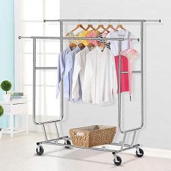 GJH One Garment Rack Commercial Grade Clothes Hanger Rack Collapsible Rolling Double Rail