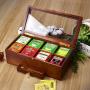 ELA Shop Tea Boxes - Acacia Tea Organizer with Golden Accessories, 2 Gold Colored Teaspoons and Honey Stick Included - Housewarming Gift Idea