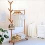 Cxjff Floor Standing Coat Rack Movable Storage Clothes Hanger 6 Hooks Wheels Shelves Easy Install, Bamboo (Color : Wood Color, Size : 80x31x171cm)