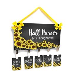 Personalizable Hall Passes Set with Hanger, Yellow Sunflower in Dark Grey Teacher Decorations for Classroom