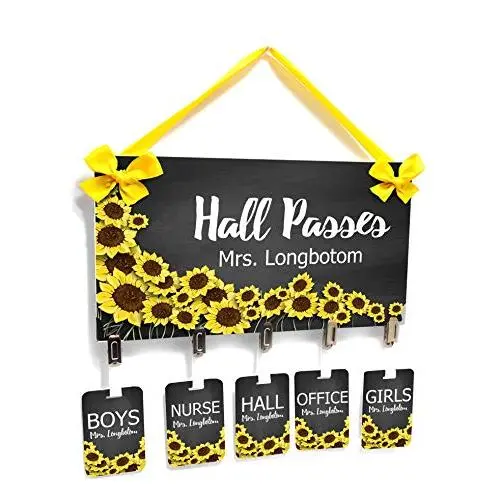 Personalizable Hall Passes Set with Hanger, Yellow Sunflower in Dark Grey Teacher Decorations for Classroom