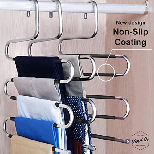 (6 Pack) Pants Hangers Non Slip S-Shaped 5 Layers Hangers, Closet Space Saver for Jeans Scarfs Ties and Other Clothes by Van & Co.