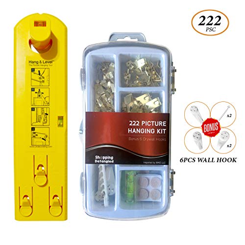 Picture Frame Hanger Kit, Easy Frame Hanger, Picture Hanging Tool - Hang & Level Tool Bundled w/Premium 222 Pcs Assorted Picture Hanging Hardware Bonus 6 Pcs Non-Trace Wall Hangers Plastic Hooks