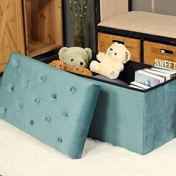 B FSOBEIIALEO Folding Storage Ottoman, Long Shoes Bench, Flannelette Footrest Stool Seat 31.5&quotx15.7&quotx15.7" (Teal, Large)