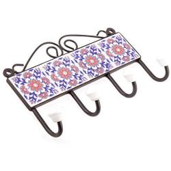 Indianshelf Handmade 2 Artistic Vintage Tile Blue Ceramic Sunflower Wall Hooks Hangers/Clothes Hooks for Wall