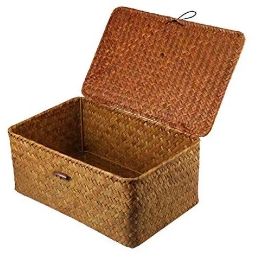 Vosarea Rattan Storage Basket Makeup Organizer Multipurpose Container with Lid