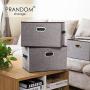 Prandom Large Foldable Storage Bins for Shelves [3-Pack] Decorative Linen Fabric Storage Baskets with Leather/Metal Handles for Closet Nursery Office Mixing of Grey Dark Brown(17.3x11.8x10.4 Inch)