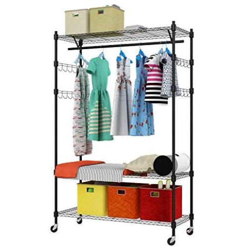 PaPafix Heavy Duty Wire Shelving Unit Garment Rack,Portable Clothes Closet Wardrobe Storage Organizer, with Hanger Bar Wheels+2 Pair Side Hooks, Black