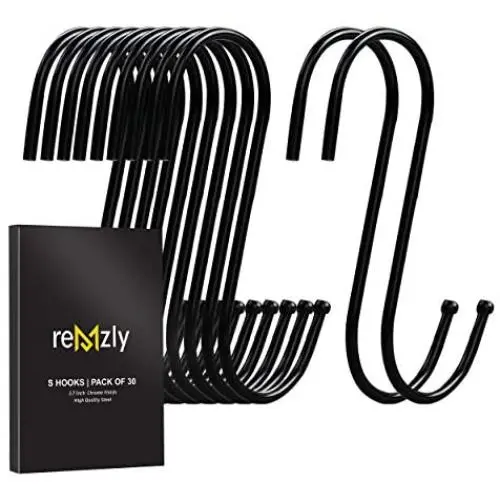 Remzly 30 Pack S Hooks for Hanging 3.5 Inch | Heavy Duty Carbon Steel Hangers for Kitchen Utensils, Plants, Pot, Pan, Cups, Towels – Black Remzly 30 Pack S Hooks for Hanging 3.5 Inch | Heavy Duty Carbon Steel Hangers for Kitchen Utensils, Plants, Pot, Pan, Cups, Towels – Black