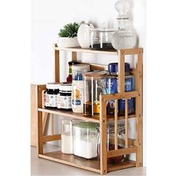 Bamboo Spice Rack Storage Shelves-3 tier Standing pantry Shelf for kitchen counter storage,Bathroom Countertop Storage Organizer Desk Bookshelf with Adjustable Shelf Cabinet