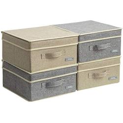 YueYue 4 Pack Small Fabric Storage Boxes with Lids, Foldable Linen Storage Boxes with Lids 4 Pieces Gray&Linen Set 12.4in/12in/6.7in