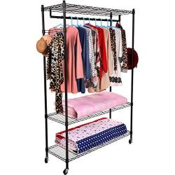 Homdox 3-Tiers Large Size Heavy Duty Wire Shelving Garment Rolling Rack Clothing Rack with Double Clothes Shelves and Lockable Wheels+1 Pair Side Hooks,Black