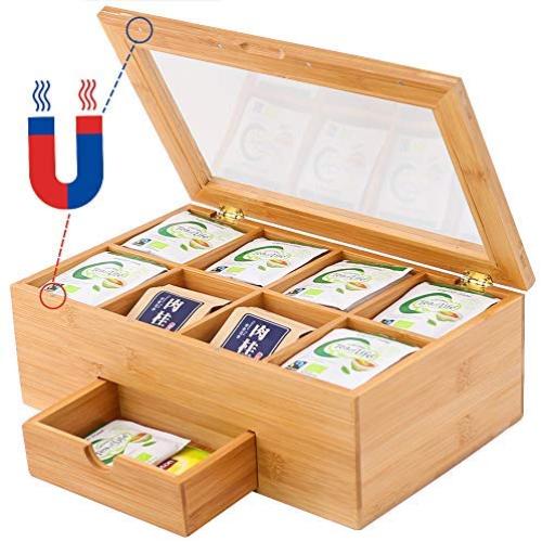 BEEBO BEABO Tea Boxes Storage Bamboo with Drawer,Nature Tea Bag Organizer 8 Compartments for Coffee,Tea,Sugar Packets,Sweeteners,Creamers,Drink Pods and More