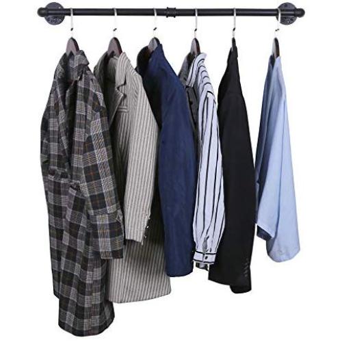 OROPY Industrial Pipe Clothes Rack, Heavy Duty Detachable Wall Mounted Black Iron Garment Bar, Multi-Purpose Hanging Rod for Closet Storage, 38.4" Length, Black (Two Base)