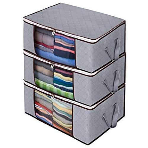 Awekris Foldable Storage Bag, Set of 3 Large Foldable Clothes Organizer, Clear Window & Carry Handles, Great for Clothes, Blankets, Closets, Bedrooms and More (Grey)