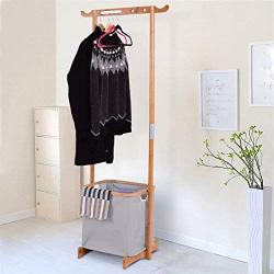 Tangkula Laundry Hamper Garment Rack, Bamboo Coat Organizer with Clothes Hanger and Storage Shelves (26W)