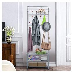 Aviat Coat Rack Free Standing Metal Holder with 3-Tier Shoe Rack Bench,Easy Assembly&Sturdy,Hallway/Entryway Coat Hanger Stand Storage Shelf for Clothes,Suits,Bag Scarf [Ship from USA] (Silver)