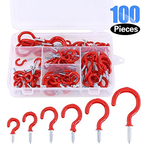 Glarks 100-Pieces 6 Sizes Red Vinyl Coated Cup Hooks Screw-in Ceiling Hooks Screw Hooks Mug Hooks Hangers Assortment Kit for Home and Office Use