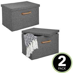 mDesign Soft Textured Fabric Stackable Home Storage Organizer Boxes with Wood Handle and Lid Cover for Closet, Bedroom, Hallway, Entryway, Closets to Hold Clothing, Accessories, 2 Pack - Charcoal Gray