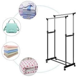 Dongtu Portable Adjustable Double Clothes Garment Drying Hanging Racks Hangers with Castors and Shoe Rack Garment Racks(US Stock) Garment Racks