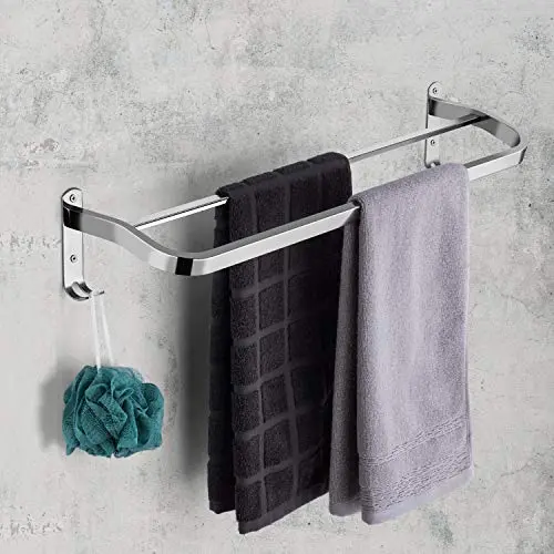 JOUBU Double Towel Bar,Bathroom Towel Bar Heavy Duty 23 Inch Mirror Treatment Stainless Steel Holder Wall Mount Shelf Organizer Cloth Hanger with Hooks Contemporary Style