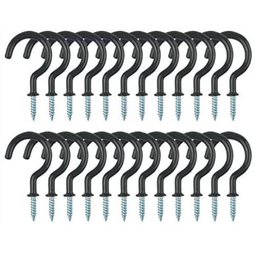 24 Pack 2.9 inch Vinyl Coated Screw-in Wall Hooks, Metal Steel Cup Ceiling Hooks, Wall Hang Hooks for Coffee Tea Cup, Plant, Light, Mug, Great for Indoor & Outdoor Use - Black