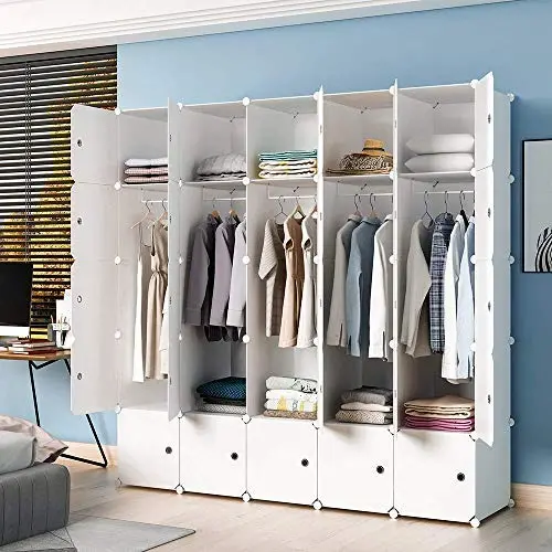 KOUSI Portable Wardrobe Closets 14"x18" Depth Cube Storage, Bedroom Armoire, Storage Organizer with Doors, 10 Cubes 5 Hangers KOUSI Portable Wardrobe Closets 14"x18" Depth Cube Storage, Bedroom Armoire, Storage Organizer with Doors, 10 Cubes 5 Hangers