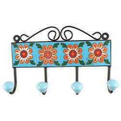 Indianshelf Handmade 1 Artistic Vintage Tile Turquoise Ceramic Sunflower Clothes Hooks Hangers/Utlility Hooks