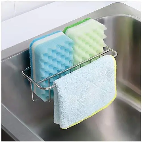 Adhesive Sponge Holder + Dish Cloth Hanger, 2-in-1 Sink Caddy, SUS304 Stainless Steel Rust Proof Water Proof, No Drilling