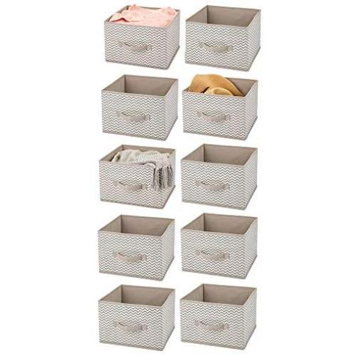 mDesign Soft Fabric Closet Storage Organizer Holder Cube Bin Box, Open Top, Front Handle for Closet, Bedroom, Bathroom, Entryway, Office - Chevron Print, 10 Pack - Taupe/Natural