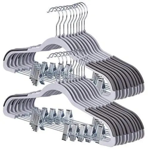 SONGMICS Set of 20, Plastic Pants Hangers with Clips, 360° Swivel Hook, Non-Slip, Thin, Space-Saving, for Trousers Skirts Dresses Towels Scarves, Gray UCRP01G20