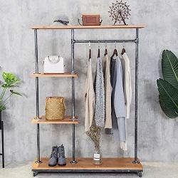 HANS CAO Industrial Style Rolling Clothes Rack,Heavy Standing Hanger,Wheels Pipe Shelves,Bagging Clothes Organizer,Shoe Cabinet Storage Rack,Iron and Wood,47.2&quotx 14&quotx 63”