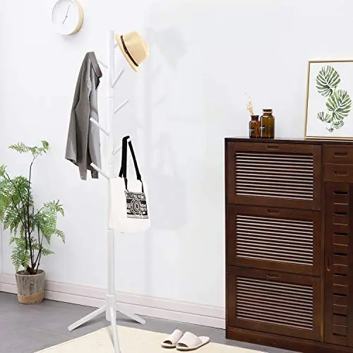 Clewiltess Wooden Tree Coat Rack Stand, 8 Hooks Super Easy Assembly, Hallway/Entryway Coat Hanger Stand for Clothes, Suits, Accessories (White)