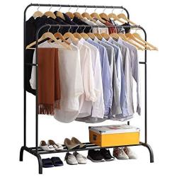 Clothing Double Rod Garment Rack with Shelves, Metal Hang Dry Clothes Rack for Hanging Clothes,with Top Rod Organizer Shirt Towel Rack and Lower Storage Shelf for Boxes Shoes Boots,Height 59" Black