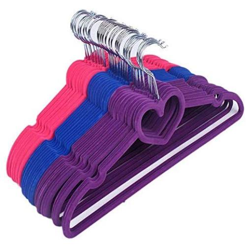 10pcs Random Color Heart Shaped Plastic Velvet Hangers Non-Slip Clothes Hanger with 360 Degree Swivel Hook