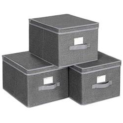 SONGMICS Set of 3 Foldable Storage Boxes with Lids, Fabric Cubes with Label Holders, Storage Bins Organizer, 11.8 x 15.7 x 9.8 Inches, Smoky Gray URYLB40G