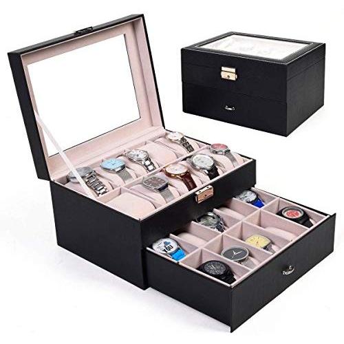 unbrand Large 20 Slot Leather Watch Boxes Display Case Organizer Glass Top Jewelry Storage
