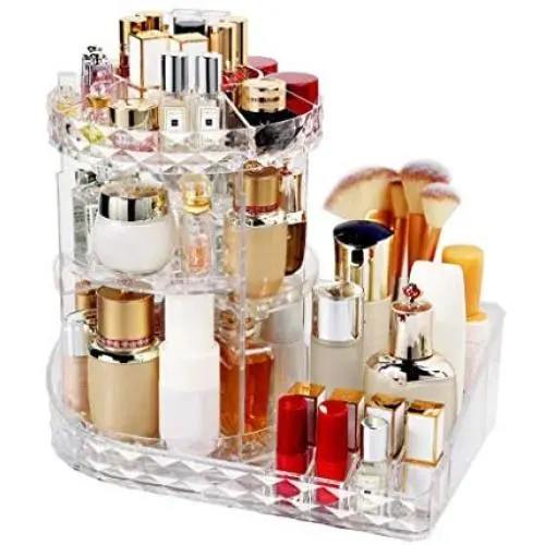 Mictiona Makeup Organizer 360-Degree Rotating Cosmetic Storage Box, DIY Adjustable Large Capacity Cosmetics Display Case Square Makeup Shelf with Diamond Pattern Mictiona Makeup Organizer 360-Degree Rotating Cosmetic Storage Box, DIY Adjustable Large Capacity Cosmetics Display Case Square Makeup Shelf with Diamond Pattern