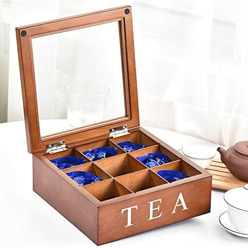 Fonture Wood Tea Store Box, Teabag Storage 9 Compartments Wooden Tea Boxes Hinged Glass Lid Tea Organizer-Brown