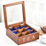 Fonture Wood Tea Store Box, Teabag Storage 9 Compartments Wooden Tea Boxes Hinged Glass Lid Tea Organizer-Brown