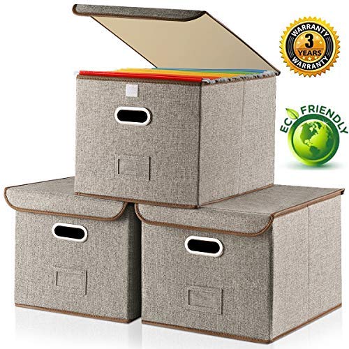 Large Storage File Boxes with Lid [3-Pack] Collapsible Linen Fabric Storage Filing Boxes Organizer Decorative,Letter Legal Size,Gray,Office(15&quotL x 12.2&quotW x 10.75&quotH)