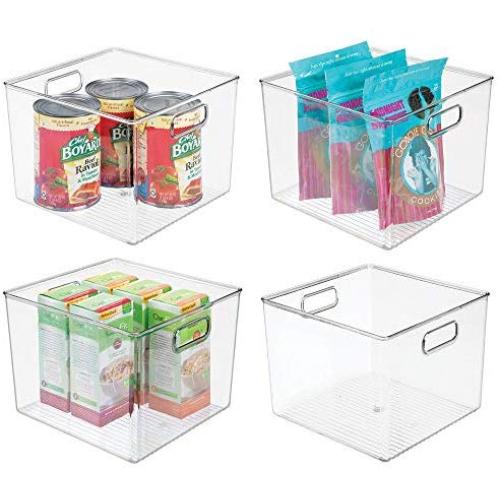 mDesign Plastic Food Storage Container Bin with Handles - for Kitchen, Pantry, Cabinet, Fridge/Freezer - Large Organizer for Snacks, Produce, Vegetables, Pasta - BPA Free, 10" Square, 4 Pack - Clear