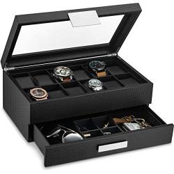 Glenor Co Watch Boxes with Valet Drawer for Men - 12 Slot Luxury Watch Case Display Organizer, Carbon Fiber Design - Metal Buckle for Mens Jewelry Watches, Mens Storage Boxes Holder has Large Glass Top